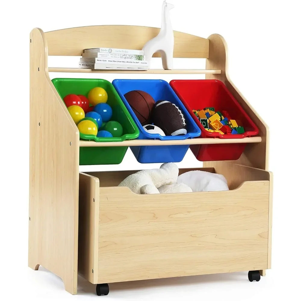 

Humble Crew 3-in-1 Toddler-Size Storage Organizer with Rolling Toy Box, Finish/Primary,Natural Finish & Primary Plastic Bins