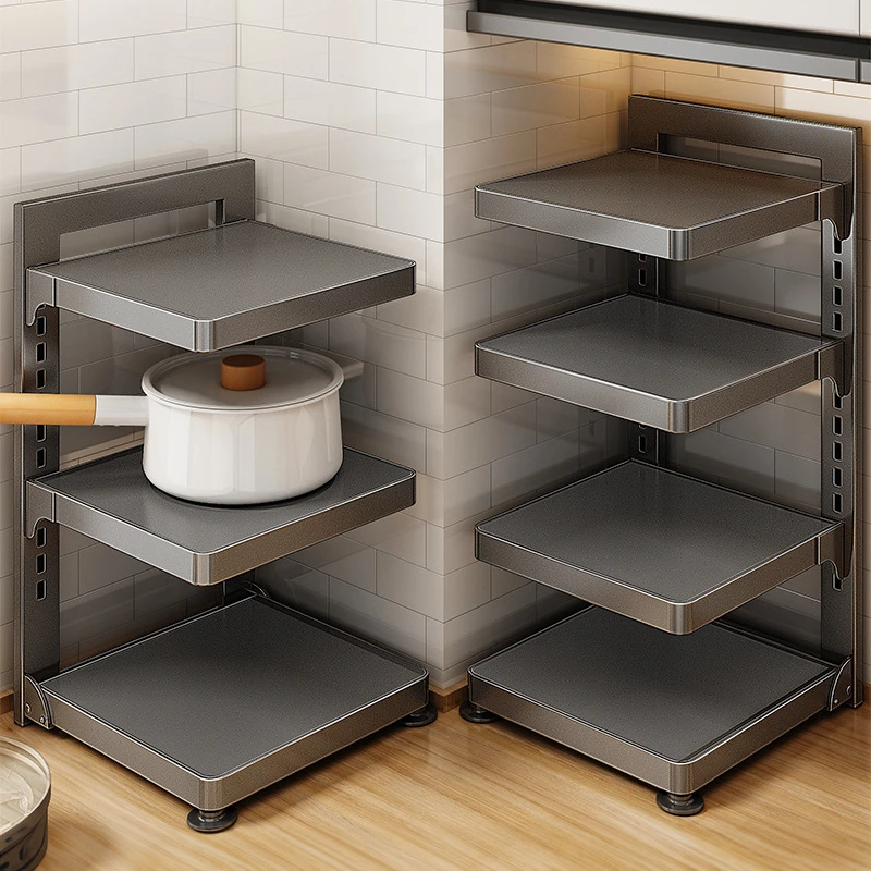 Foldable Pot Rack Multi Layer Kitchen Storage Organizer Adjustable Cookware Rack Pan Holder Countertop Shelf