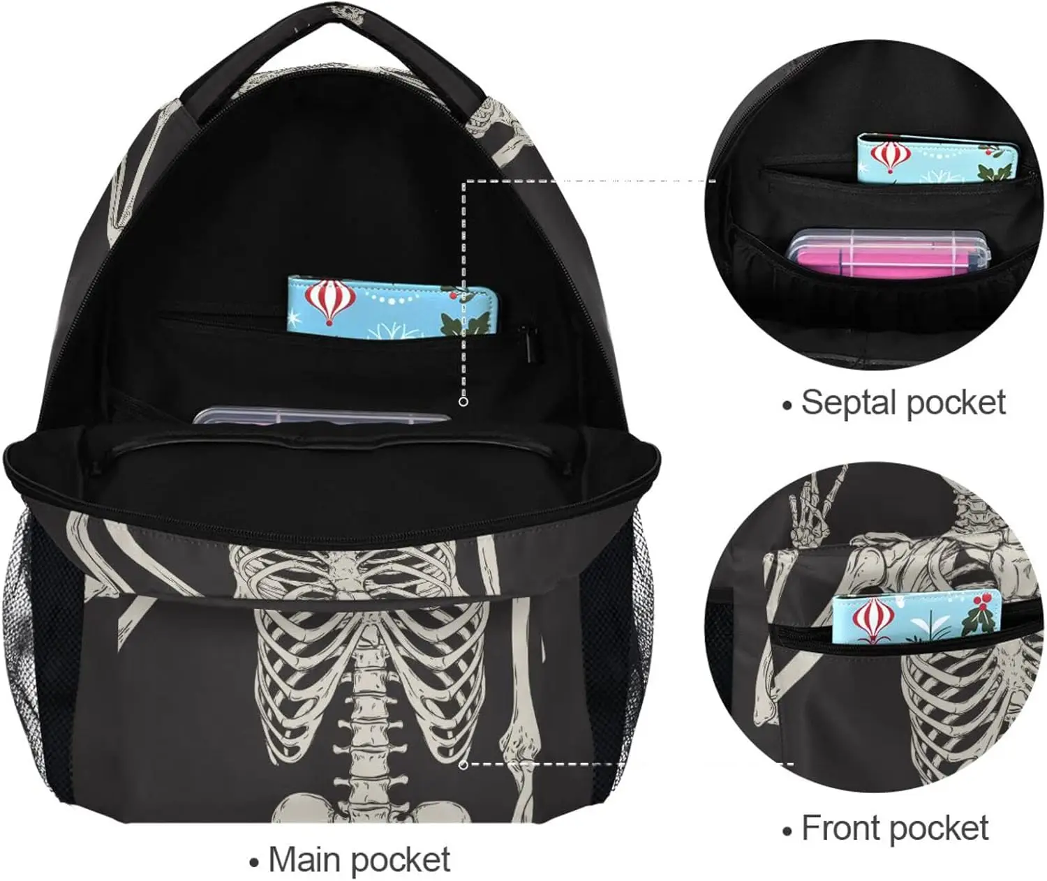 حقيبة ظهر سوداء للهالوين هيكل جمجمة السلام للنساء والرجال، حقيبة مدرسية للطلاب، حقيبة كتب للسفر والكمبيوتر المحمول ومحفظة Dayp