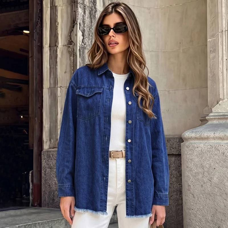 Women's Cowboy Long Sleeved Shirt Lapel Double Chest Pockets Faded Loose Shoulder Design Jacket