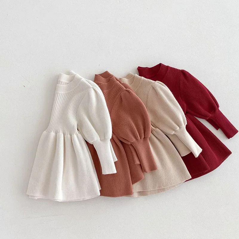 Baby Children's Sweater 0-5 Years Girls Solid Knitted Dress Top Fashion Puff Sleeve Kid's Pullover Spring Autumn Girls Clothing image 4