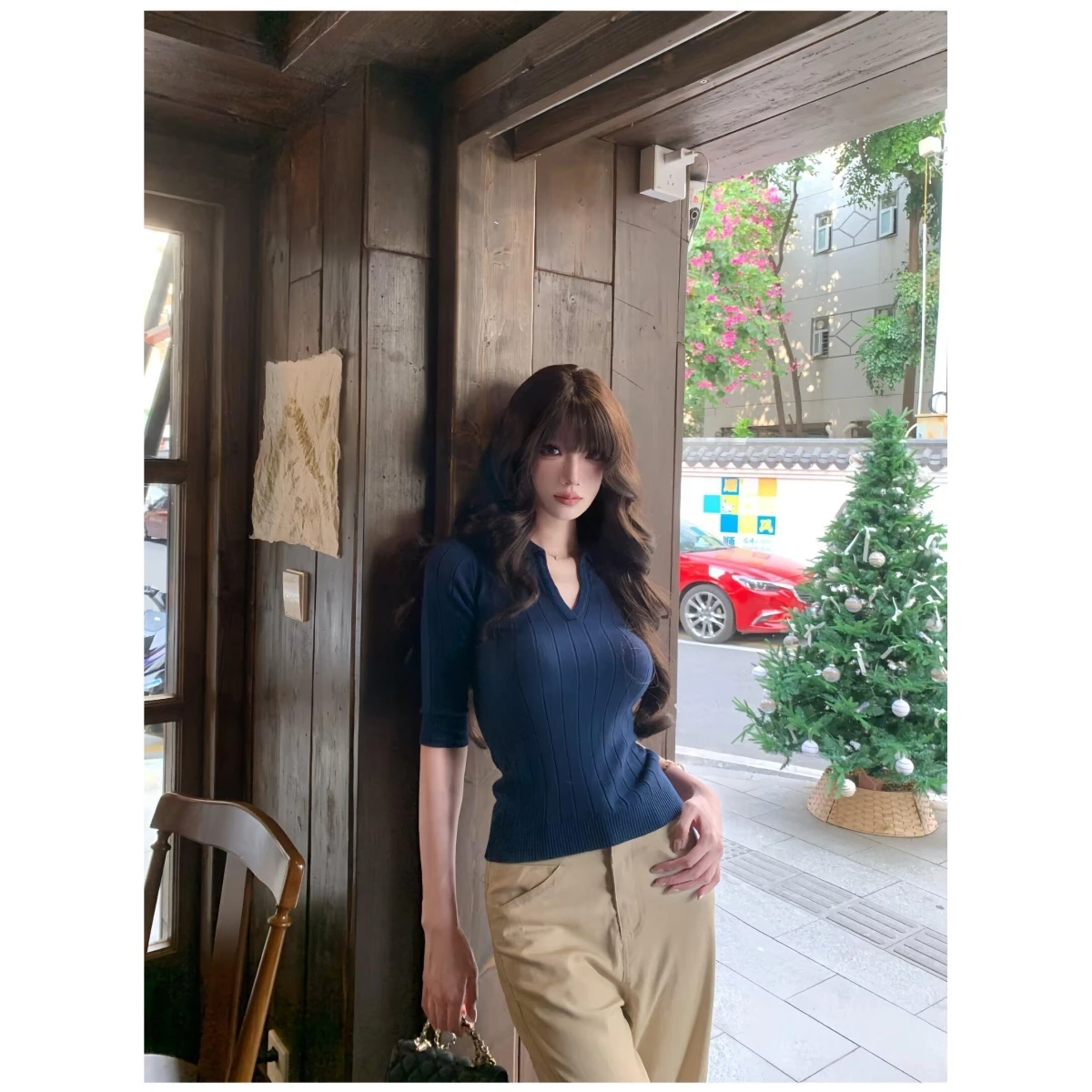 

Женская футболка Slim Fit с рукавом три четверти и V-образным вырезом, повседневный стиль, корейская мода, весна-осень, премиум-класс, универсальная