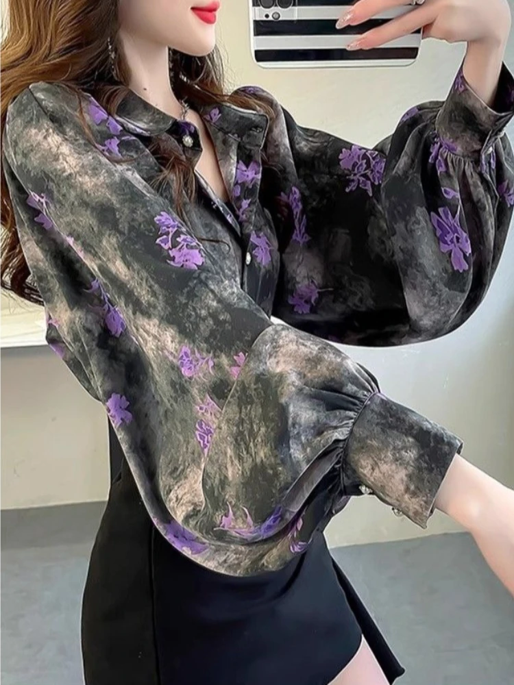 

Light Luxury Floral Print Blazer Style Shirt Retro Korean Collared Top with Balloon Sleeves for Women Office Casual Wear​