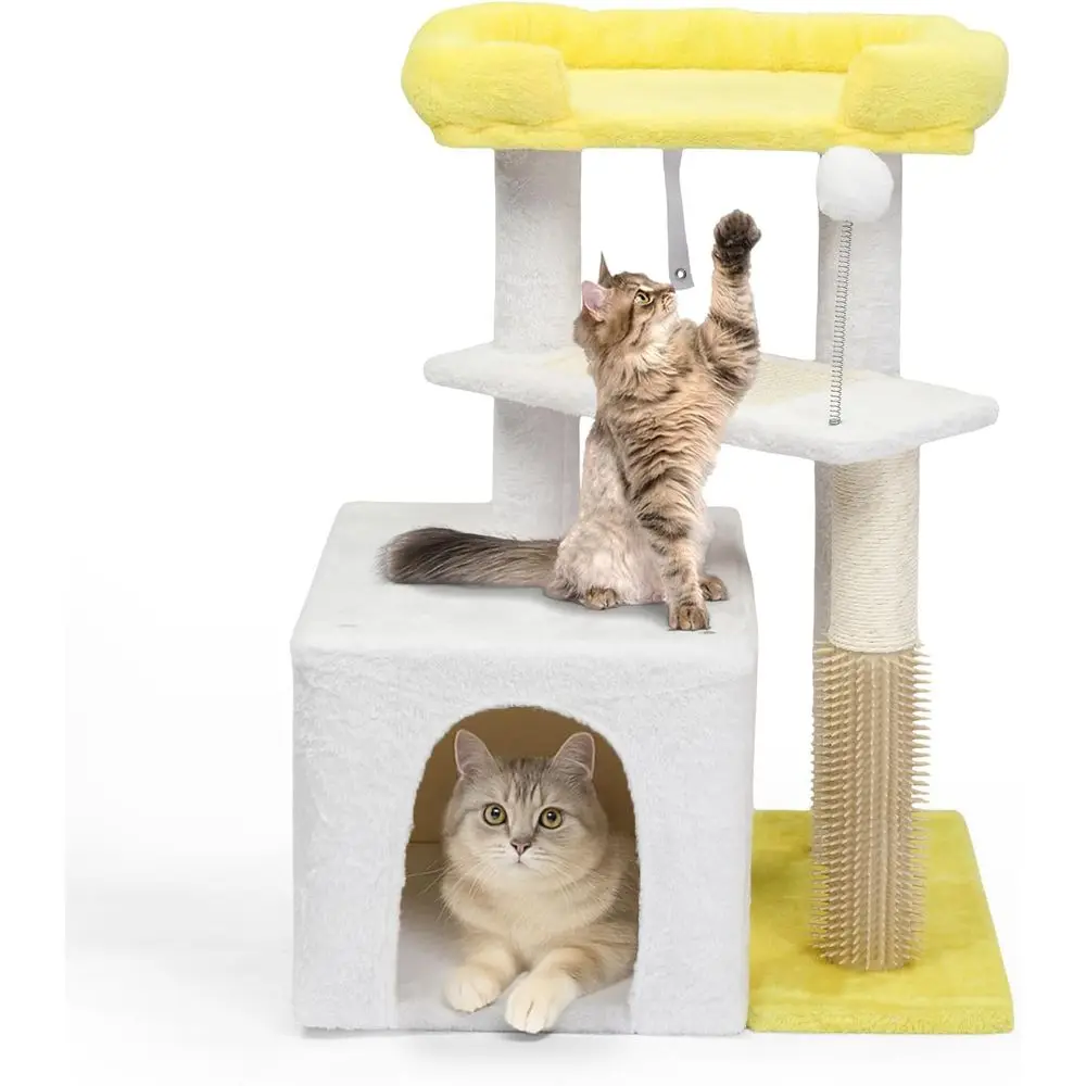 

27 Inch Small Cat Tower with Scratching Post, Padded Top Bed, and Indoor Activity Center (Yellow & White)