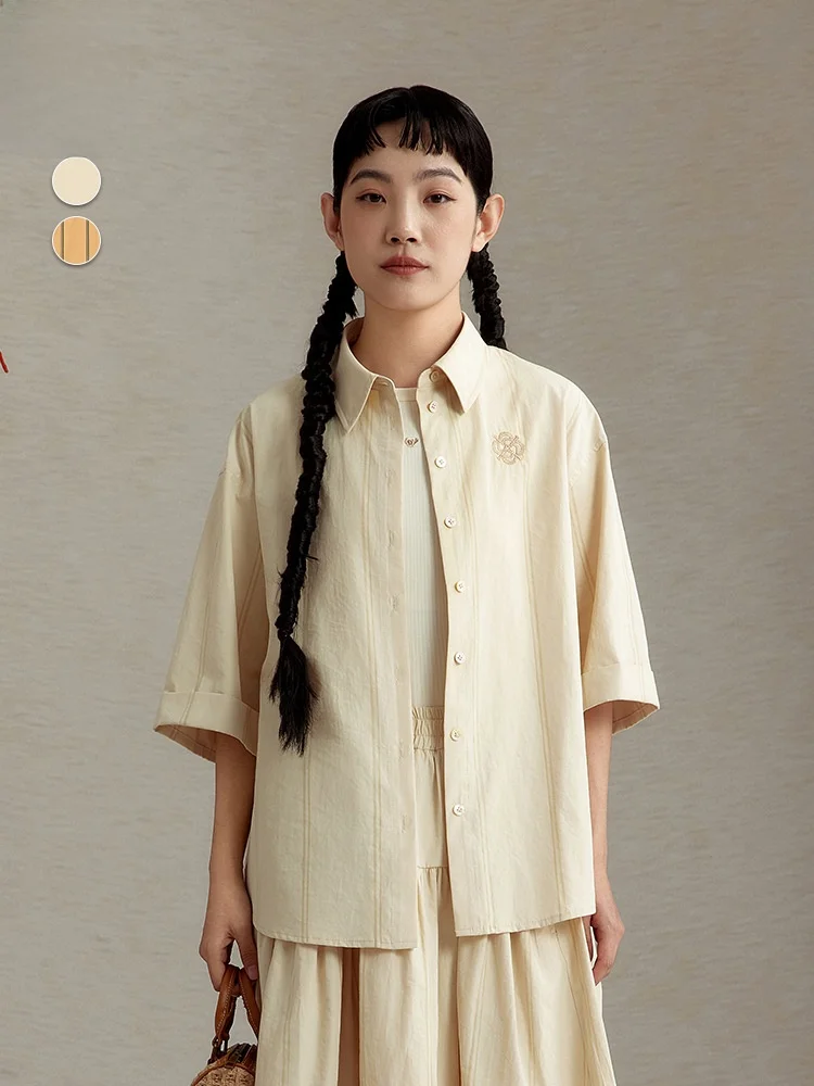 

Faionable mat Pure Color Design ort irt Women's Turn-down Collar Artistic Versatile Straight Cut Polyester Blend