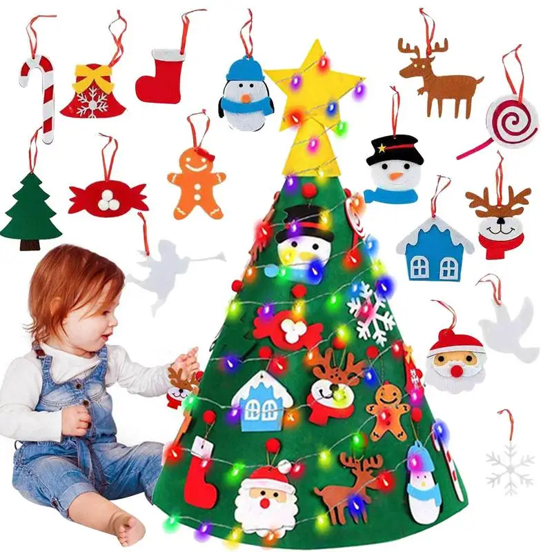 2024 3D Felt Christmas Tree 16 Detachable Ornaments LED String Light Christmas Tree Set Fake New Year Christmas Tree Decoration