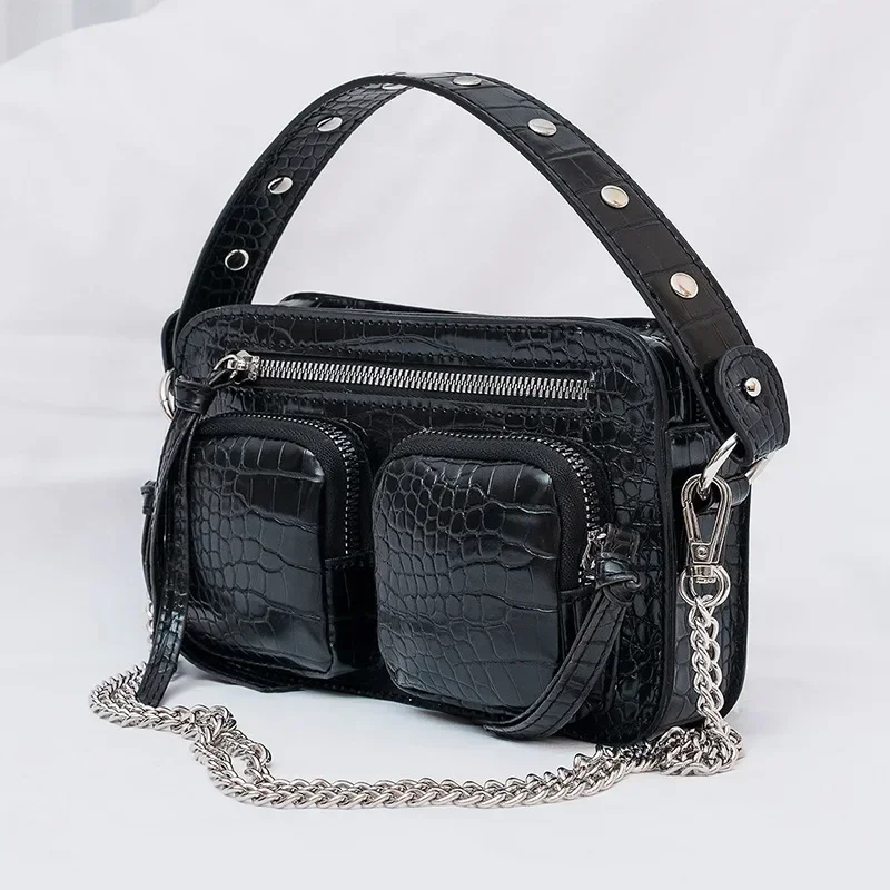 Designer de bolsas crossbody rebite para mulher, vintage, motocicleta, luxo, fêmea, bolso múltiplo, ombro, tendência, 2023