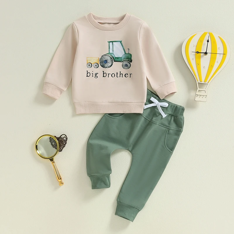 2024-05-31 Lioraitiin Boys Autumn 2PCS Outfit Sets Long Sleeve O Neck Letter Tractor Print Tops Solid Color Pants Sets