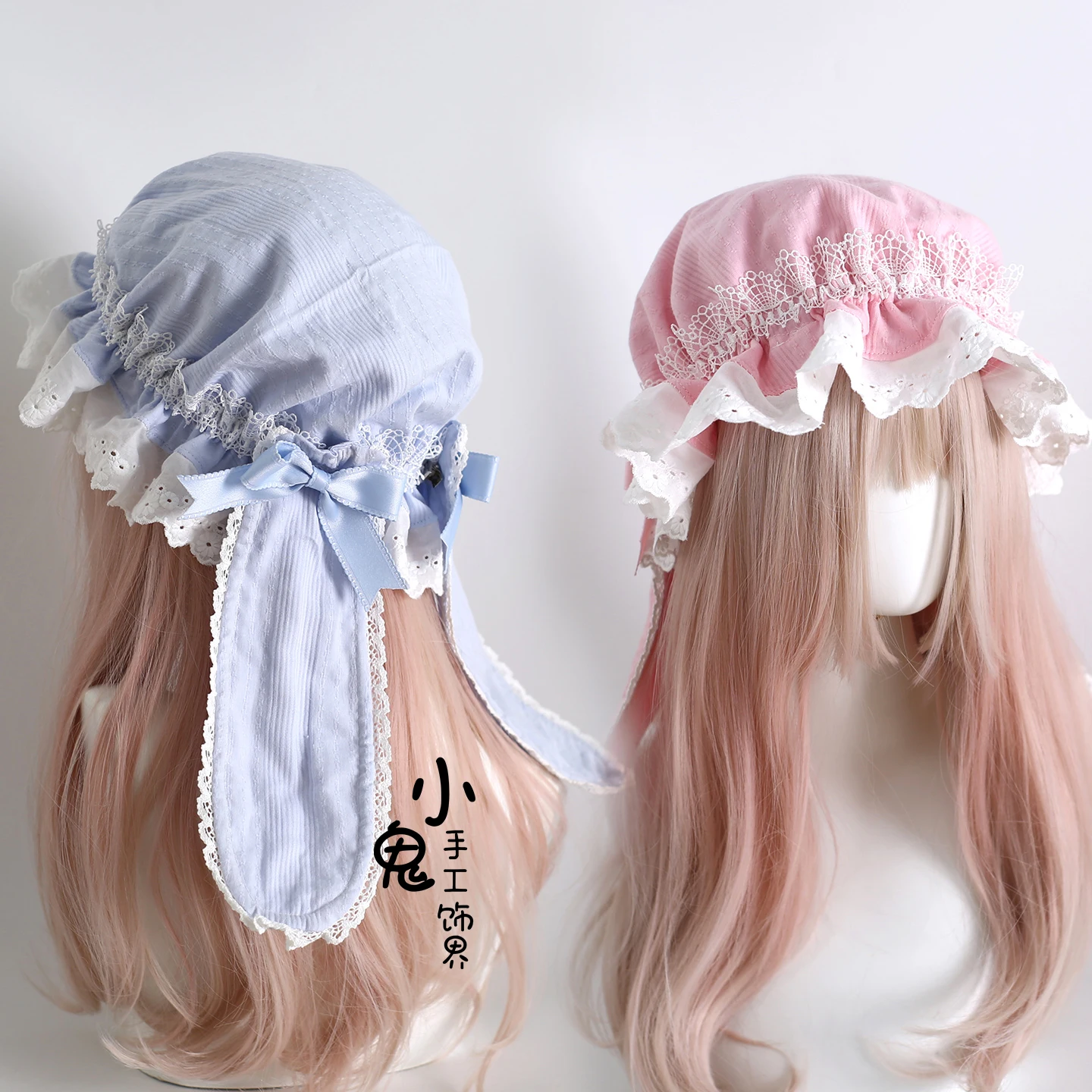 

Разноцветные хлопковые шапки в стиле ретро, милая шляпа с кроличьими ушками в стиле Лолиты, кружевная милая съемная шляпа от солнца с кроличьими ушками