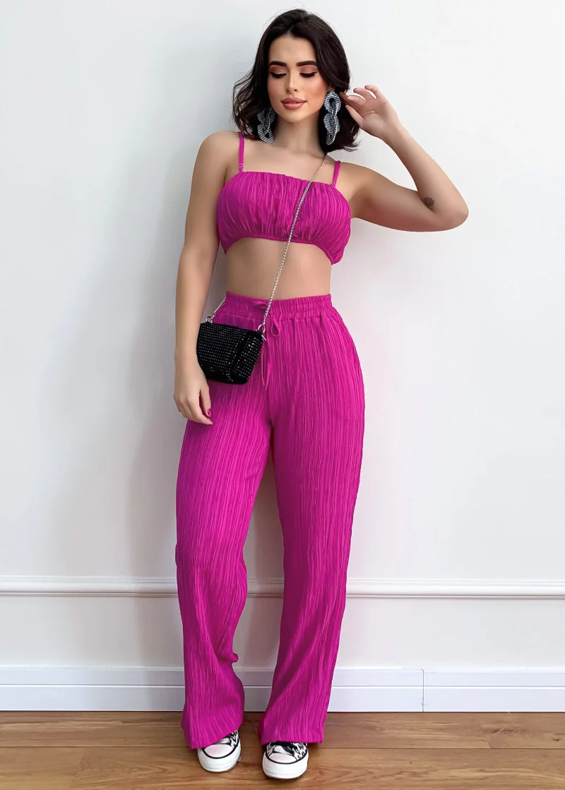 Conjunto de pantalones de pierna ancha negros plisados para mujer, chándales sexis con cordón, traje para correr, Top corto, ropa de calle, trajes de verano, ropa Y2k