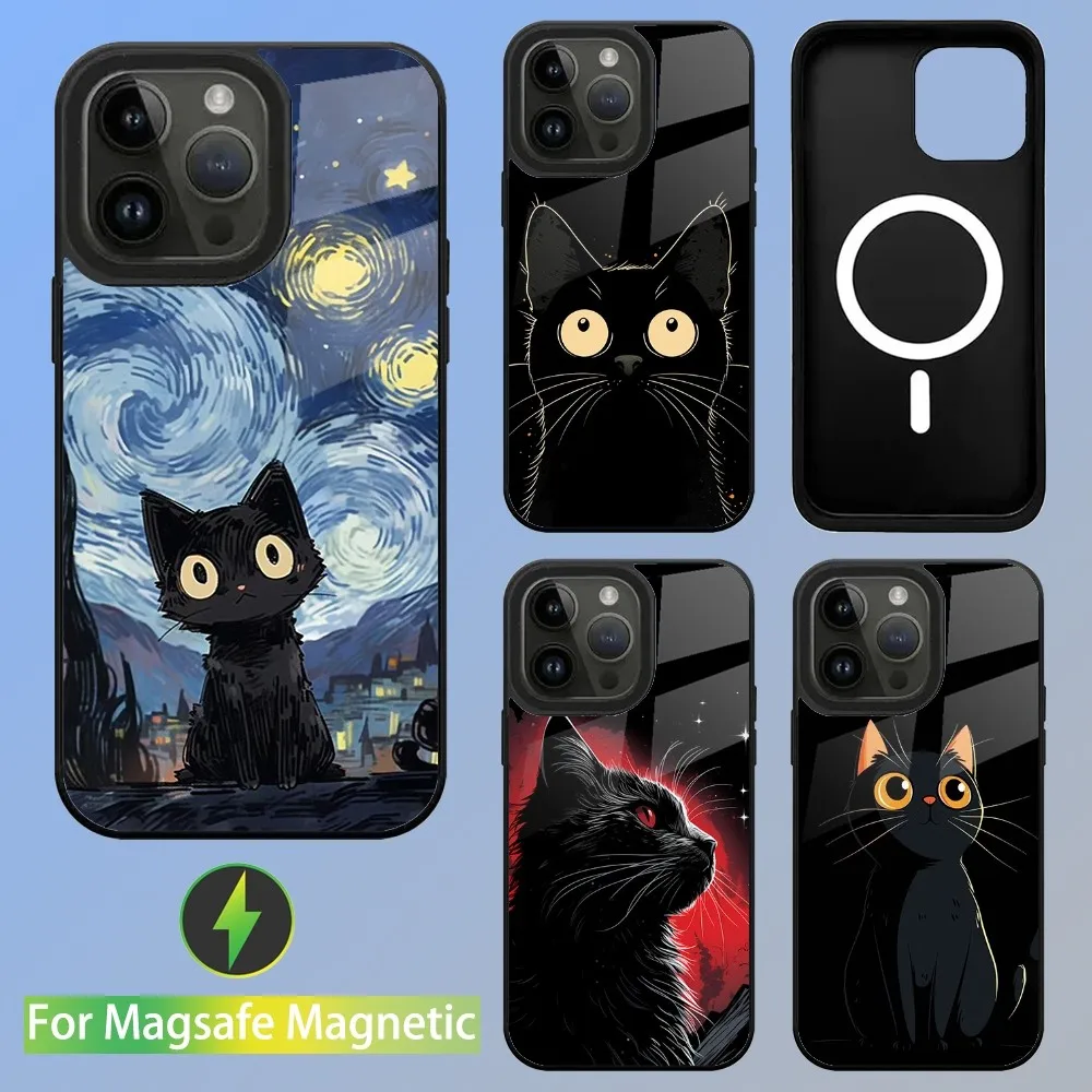 Black Cat Art Phone Case For iPhone 15,14,13,12,11,Plus,Pro,Max Mini Magsafe Magnetic Wireless Charging