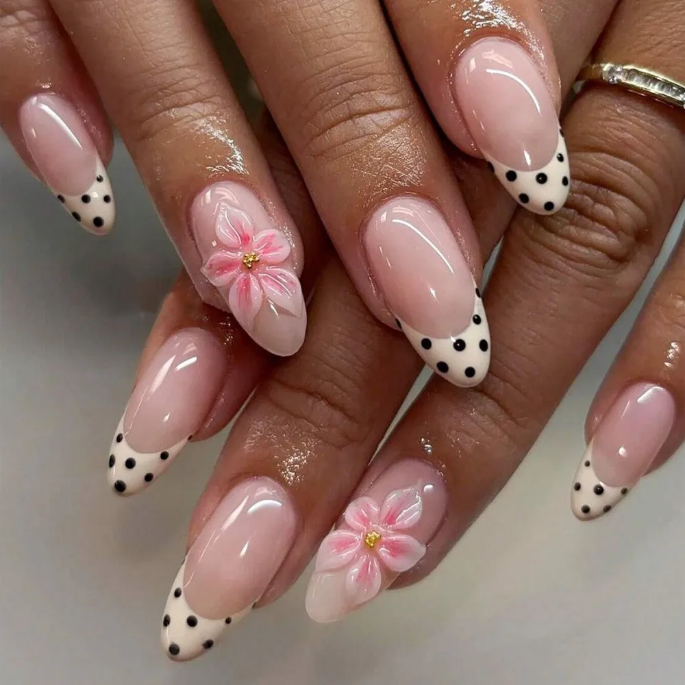 24PCS Luxury Emerald Green Flower Press on Nails Metallic Gold Ring 3D Resin Blossom Transparent Almond Shape Fake Nails - view 6