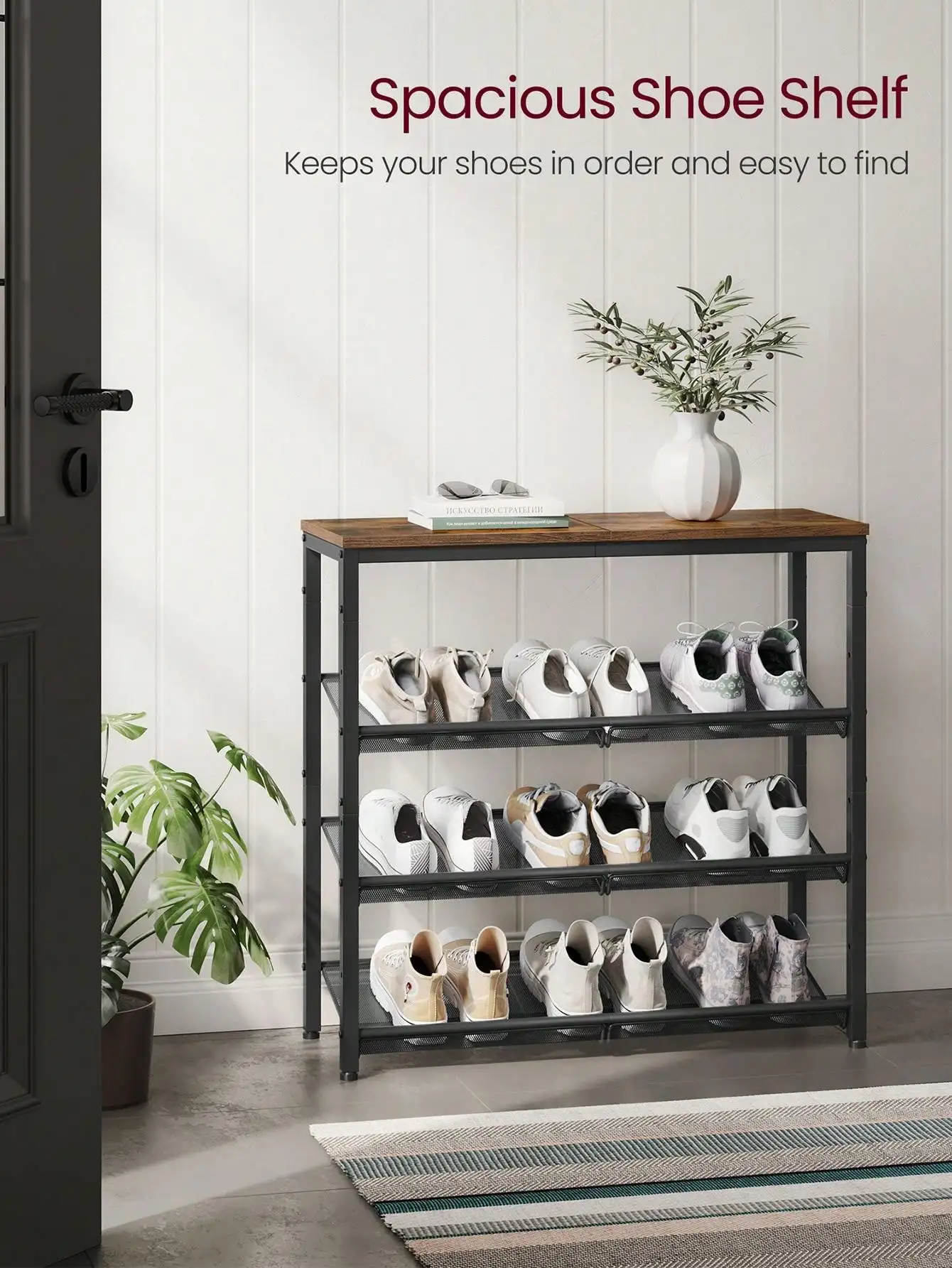 VASAGLE Shoe Rack For Entryway, 4 Tier Shoe Storage Shelves, 12-15 Pairs Shoe Organizer, With Sturdy Wooden Top And Steel Fra