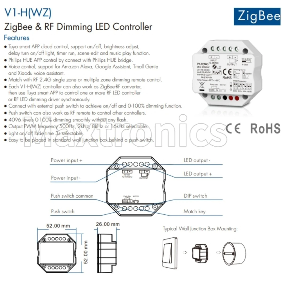 Tuya ZigBee RF2.4G LED Dimmer V1-H(WZ) Remote R11 4096-Level Smooth Dimming Alexa/Google Voice Control For SingleColor LED Strip