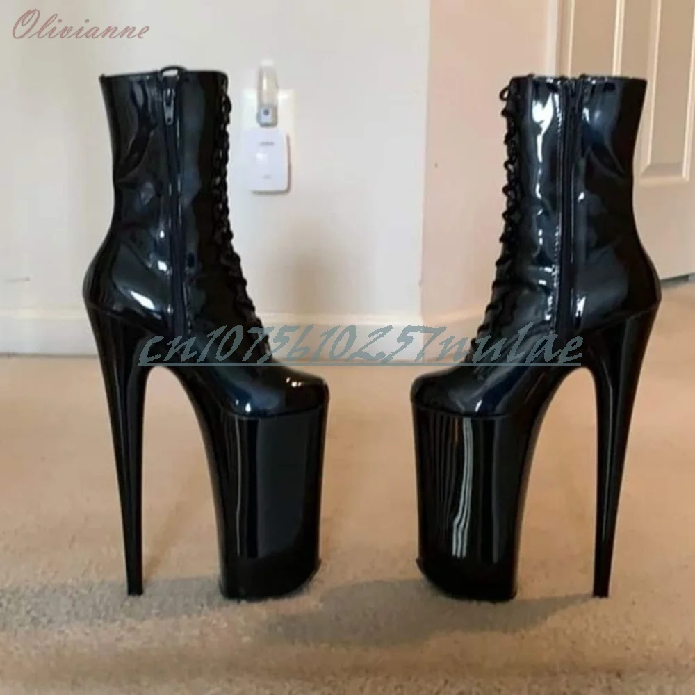 Front Lace-up Black Patent Leather Ankle Boots Platform Side Zipper Pole Dance Women Shoes Lady Short Boots Zapatos Para Mujere