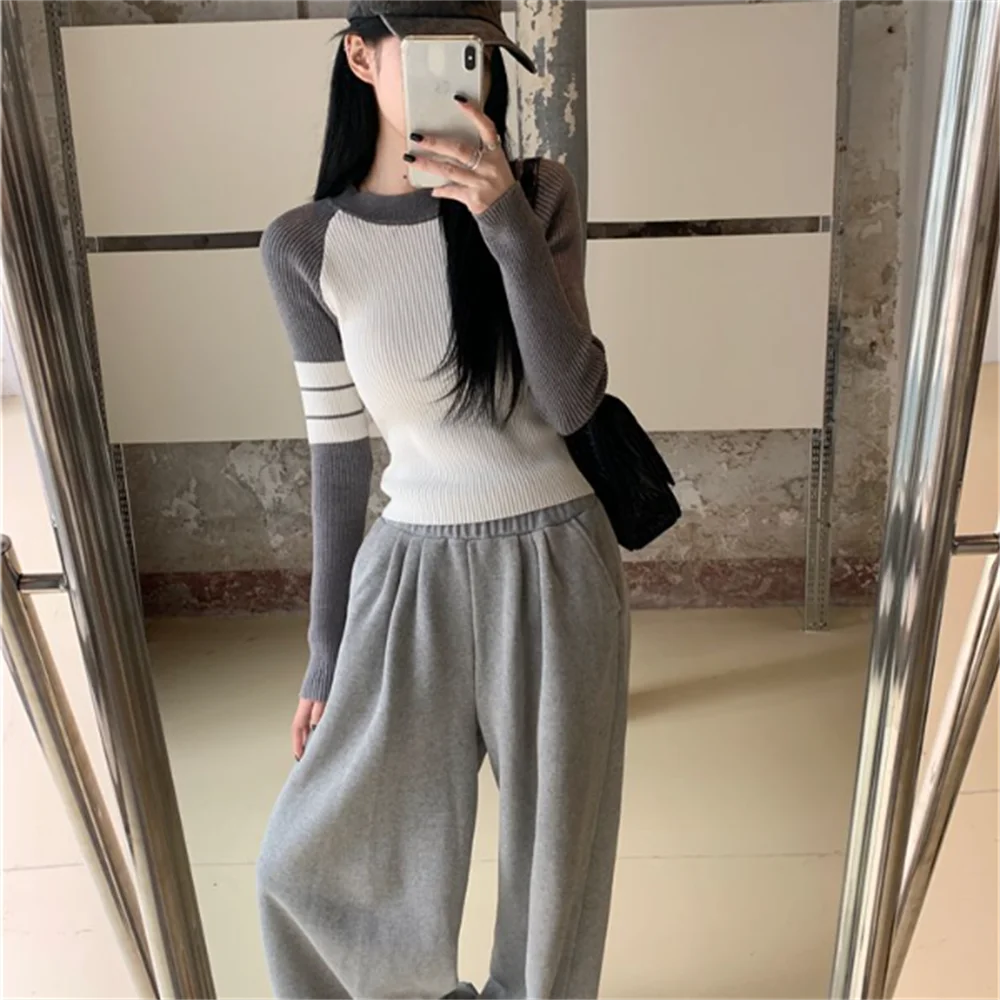 Casual Women Knitwear Sweater Style Color Block Ribbed Knit Top Raglan Sleeves Crew Neck Slim Fit Pullover Autumn Winter Clothes