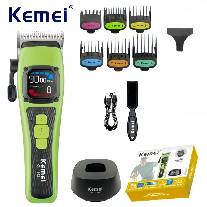 

Kemei KM-1862 Professional Cordless Hair Clipper 7000RPM-9000RPM Adjustable Speed, HD Digital Display, Salon-Grade Hair Trimmer