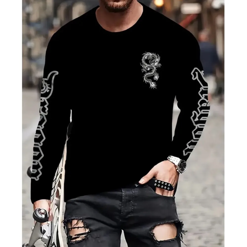 

Outdoor Street Fashion Longteng Print Autumn Fashion Men's Long-sleeved T-shirt Daily Casual All-matching Men's Top Comfortable