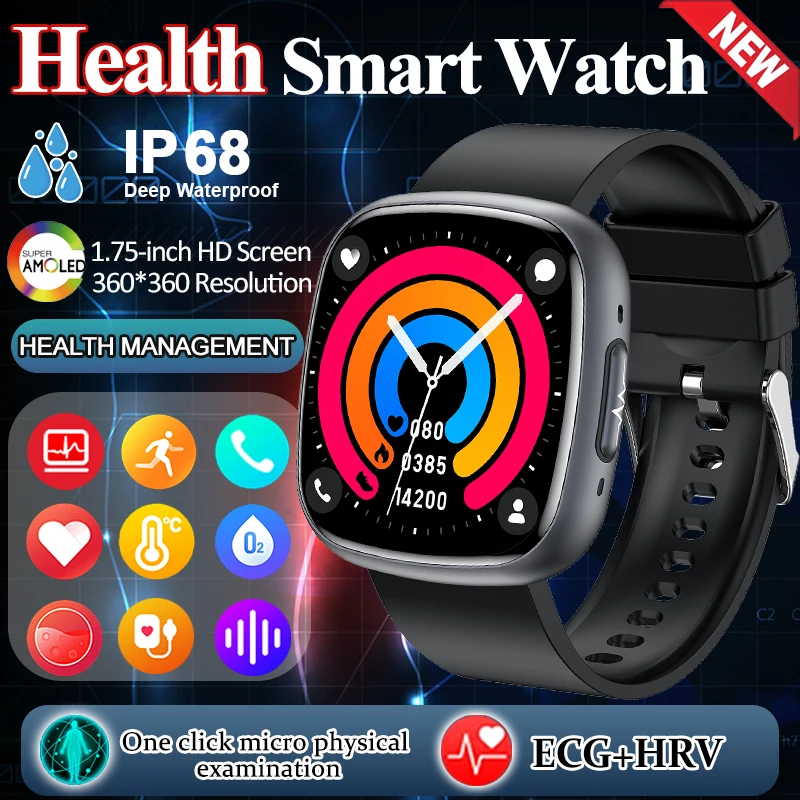 

2025 New Health Smart Watch 1.75" ECG HRV Blood Pressure Blood Oxygen Multi Sport Mode Sleep IP68 Waterproof BT Call Smart Watch
