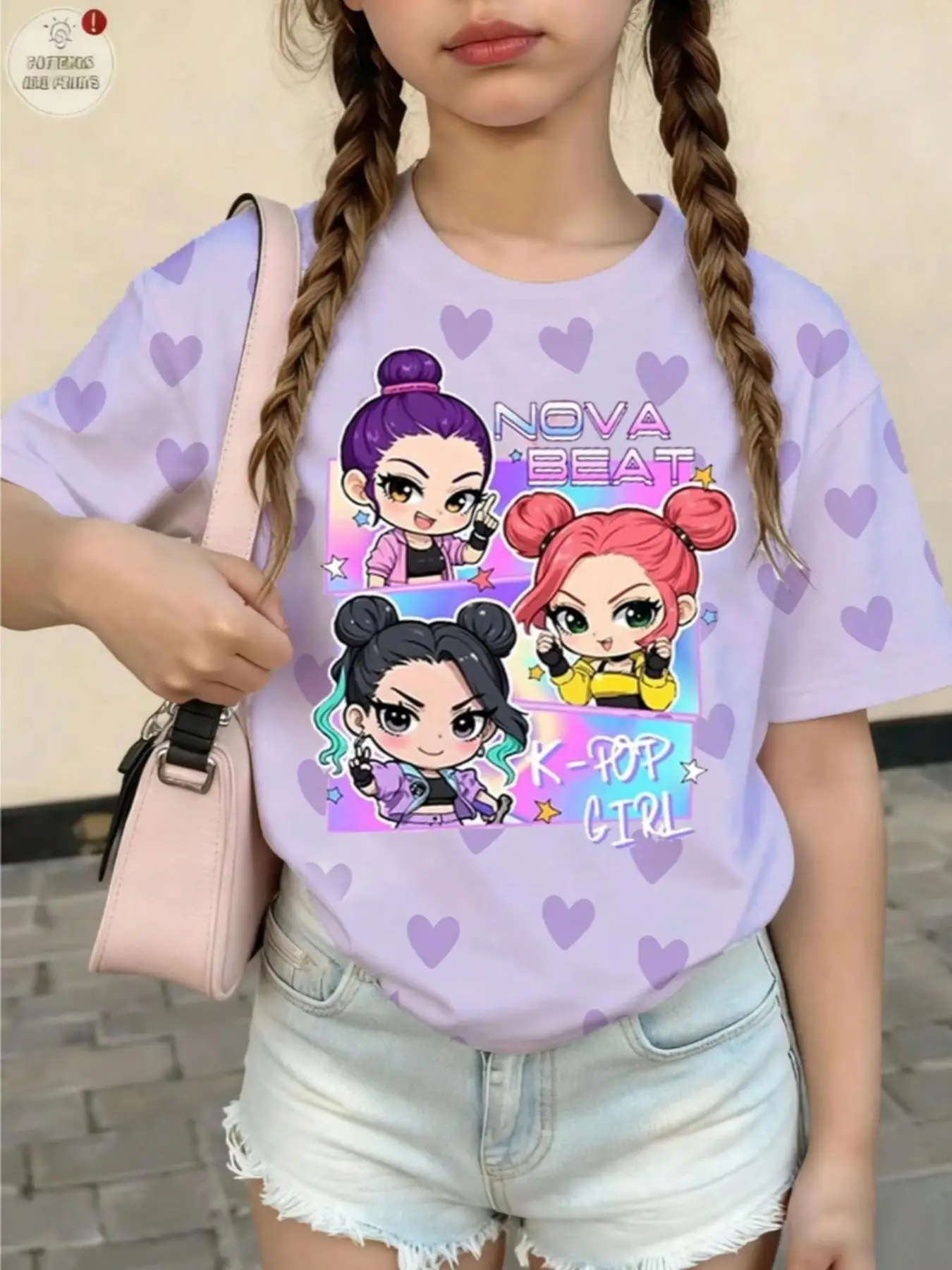 Mädchen K-Pop Grafik-T-Shirt - Nova Beat Chibi-Print Lila Herzmuster Lässiges T-Shirt für Kinder
