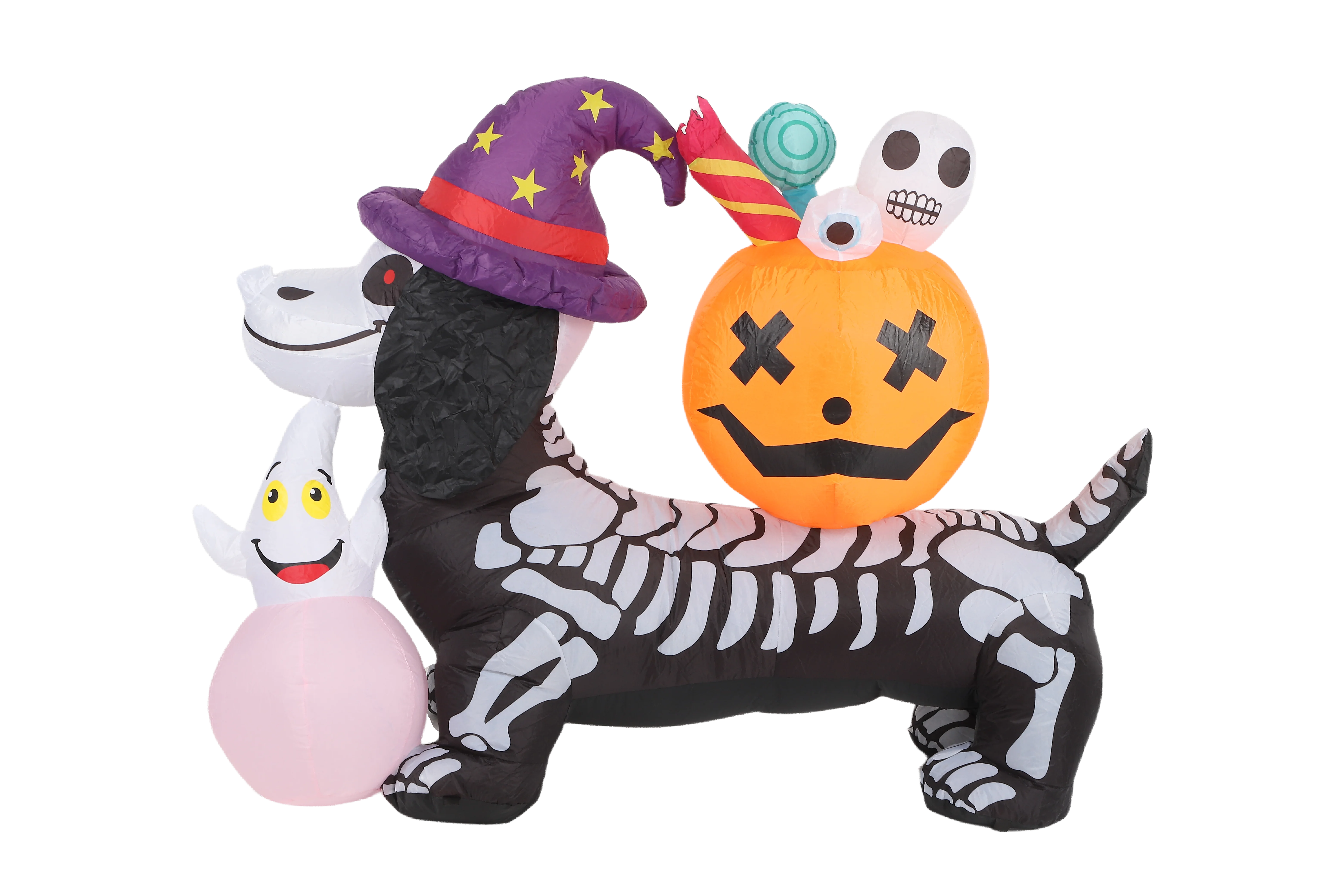 5ft / 1.5m Halloween Inflatable Skeleton Dog with Witch Hat, Pumpkin & Ghost, LED Light Up Yard Decoration 6