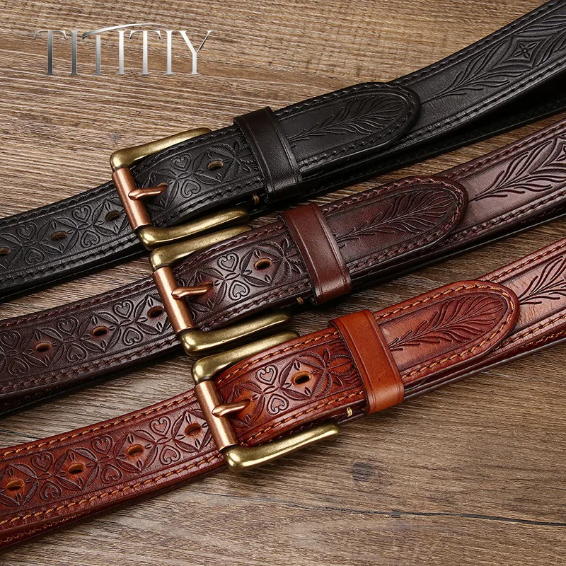 Vintage Luxury Personality Trend Cowhide Embossed Men's Belt, 38mm Thick Genuine Leather Pure Copper Buckle Jeans Belt for Men
