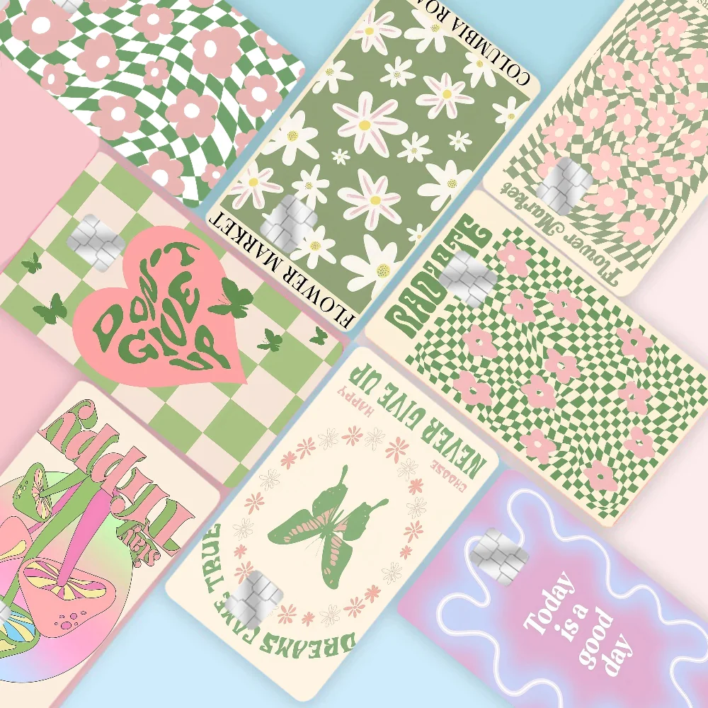 추상 꽃 하트 버섯 나비 애니메이션 매트 전면 스킨 필름 스티커 커버, 소형 칩 신용 카드 직불 카드용