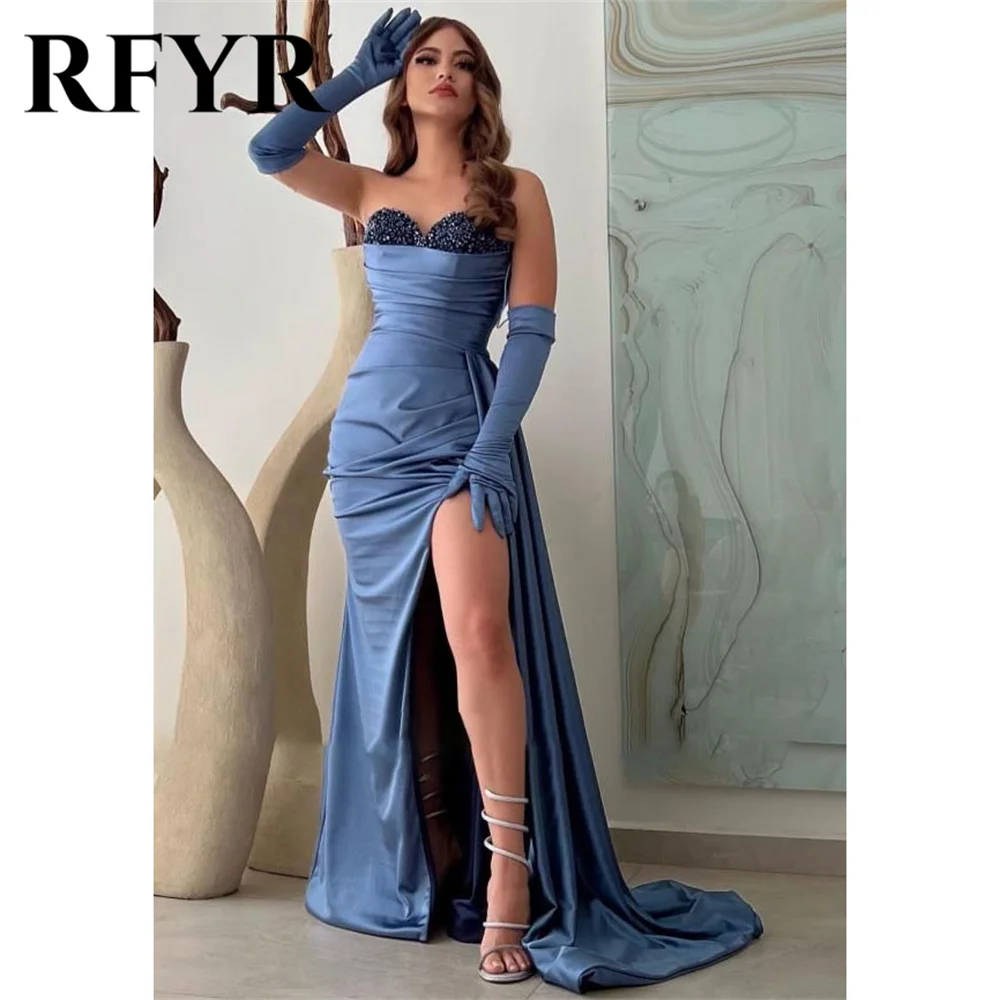 

RFYR Blue Charming Prom Dress Gown Stain Beading Formal Gown Mermaid Stain Evening Gown with Slit vestidos de noche Customized