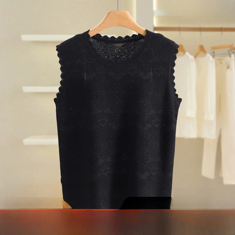 Pure Color Heat Diamond Thin All-Match Knitted Vest ass Fraance 25 Autumn Sweater Women's Faionable round Ne Top
