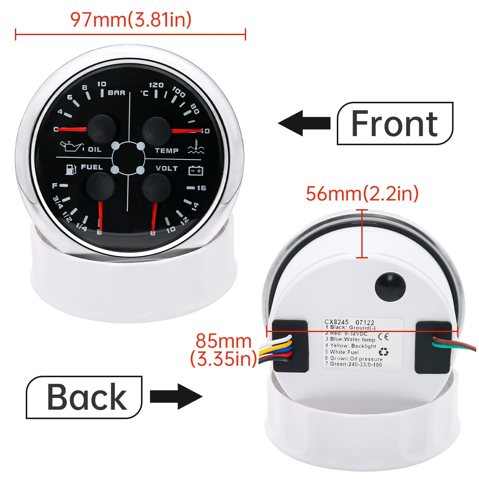 85mm 4 In 1 Meter Car Baot Water Temperature + Oil Pressure + Fuel Level + Voltage Gauge Oil Press Temp Sensor 1/8NPT With Alarm