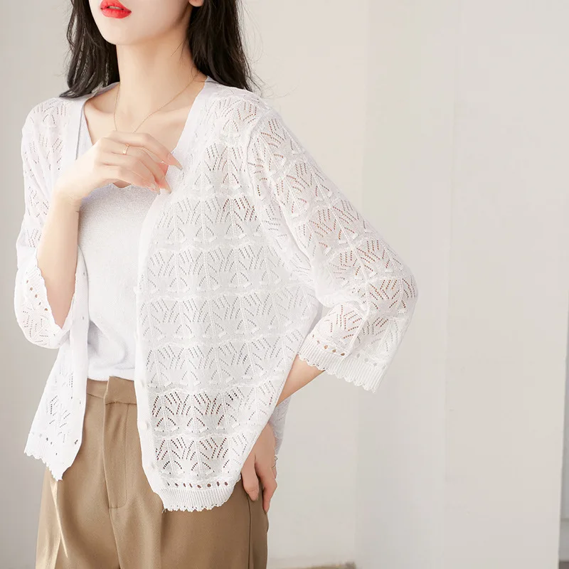 Spring Summer Women\'s Thin Hollow Knit Cardigan Korean Fashion Top Short Loose Air-conditioned Sunscreen Shirt Grace New