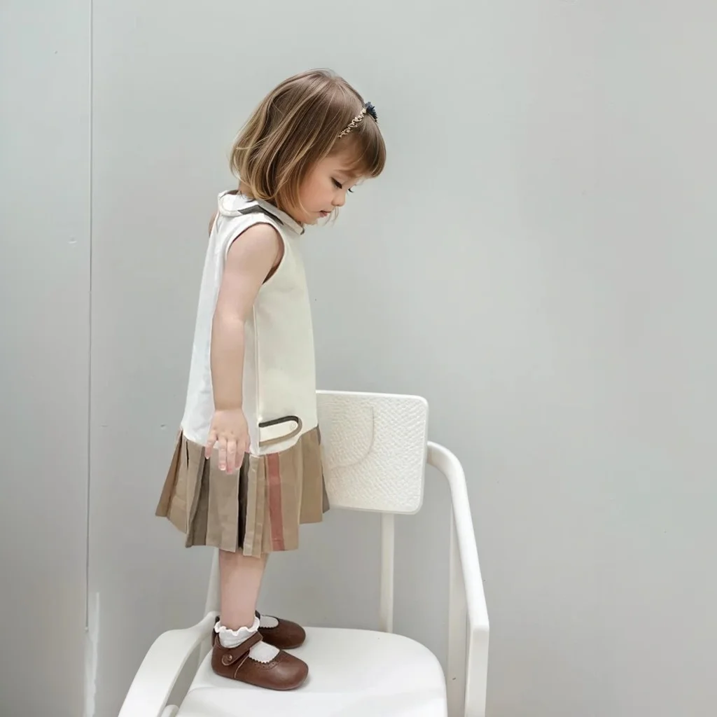Girls Dress2025 New Summer Toddler Kids Cotton Dresses  Baby Pleated Dress Lovely Children Clothes Turn-down Collar Girl Tennis