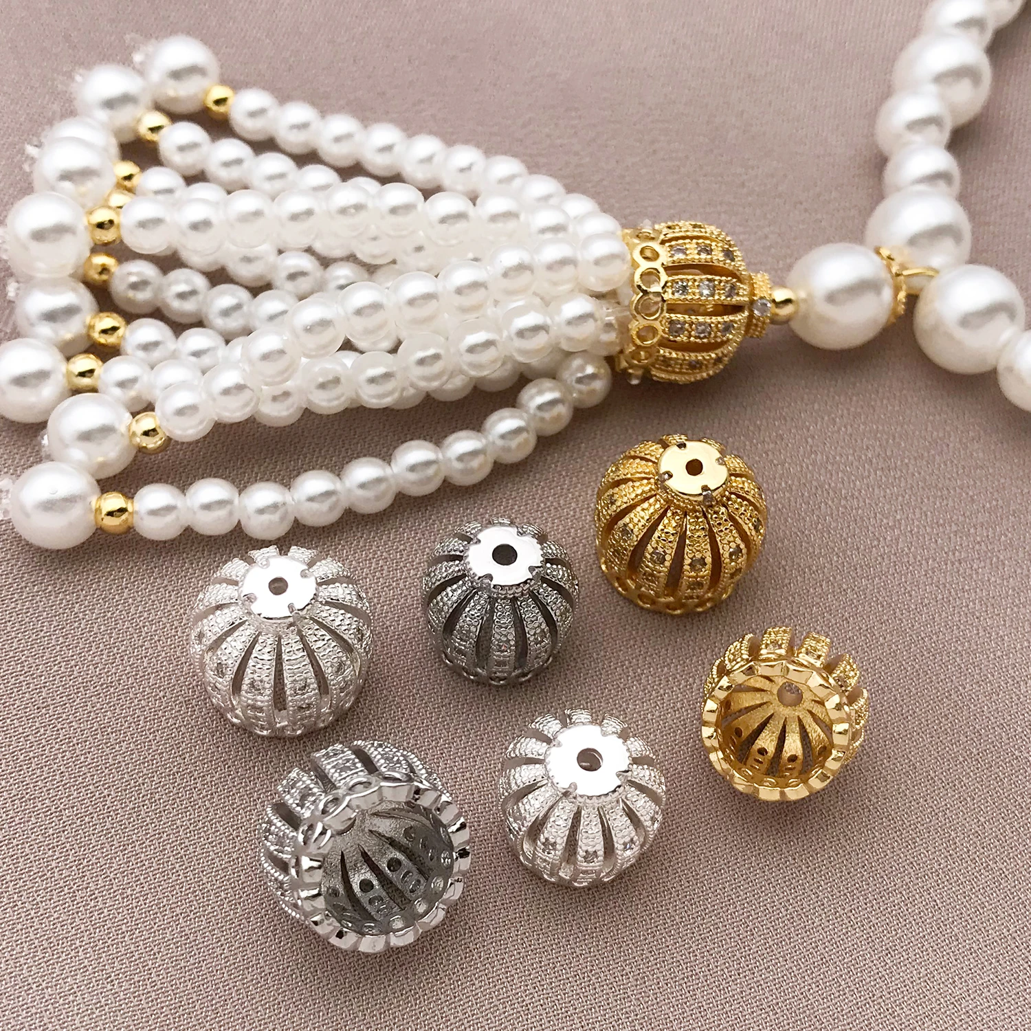 2/5pcs/lot 18K Gold Plated Brass with Zircon Crown Beads Caps For Bracelets,Tassel Bead Cap For DIY Earrings Jewelry Making image 2