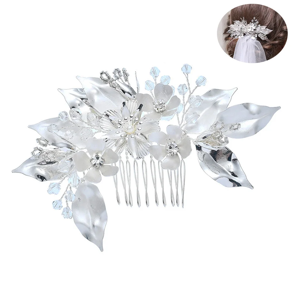 

Elegant Silver Wedding Hair Comb Artificial Flower Rhinestone Bridal Accessories Floral Decoration For Bridesmaids Prom Party