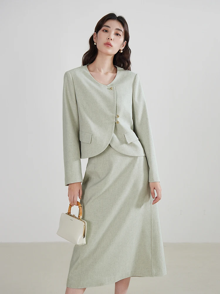 

DUSHU Commute Temperament Green Beige Spring Suit Round Neck Linen Solid Color Short Blazer Skirt Sets 24DS81168+24DS81171