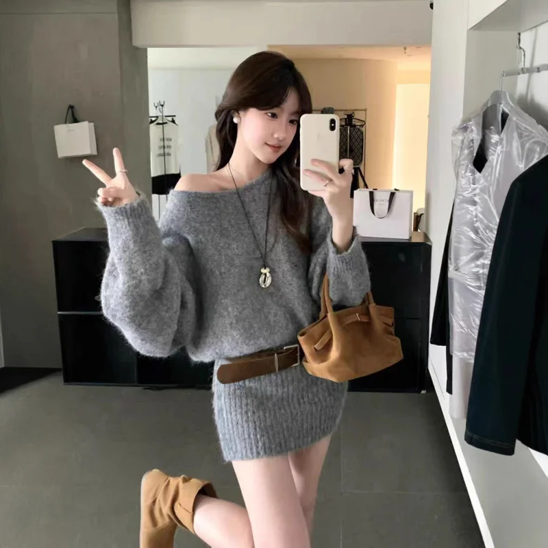 

Korean Style Atmosphere Early Autumn Outfit Asymmetrical Shoulder Design Long Sleeve Knitted Sweater Dress Women'S Autumn Lazy S