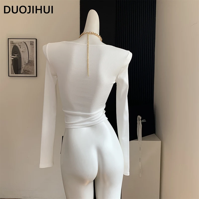 DUOJIHUI Autumn Sexy Basic Long Sleeve Chic Women T-shirts New Casual Solid Color Loose Fashion Simple Knitting Female T-shirts