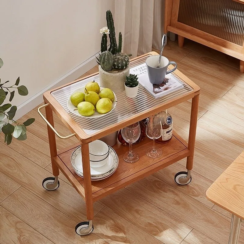 HYS Nordic solid wood sofa edge small apartment living room cherry glass coffee table Japanese movable trolley with wheels