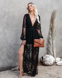 Women Beach Dress Solid Black White Lace Beachwear Sun Protection Clothes Knitted Swimsuits Women Beach Cover Up