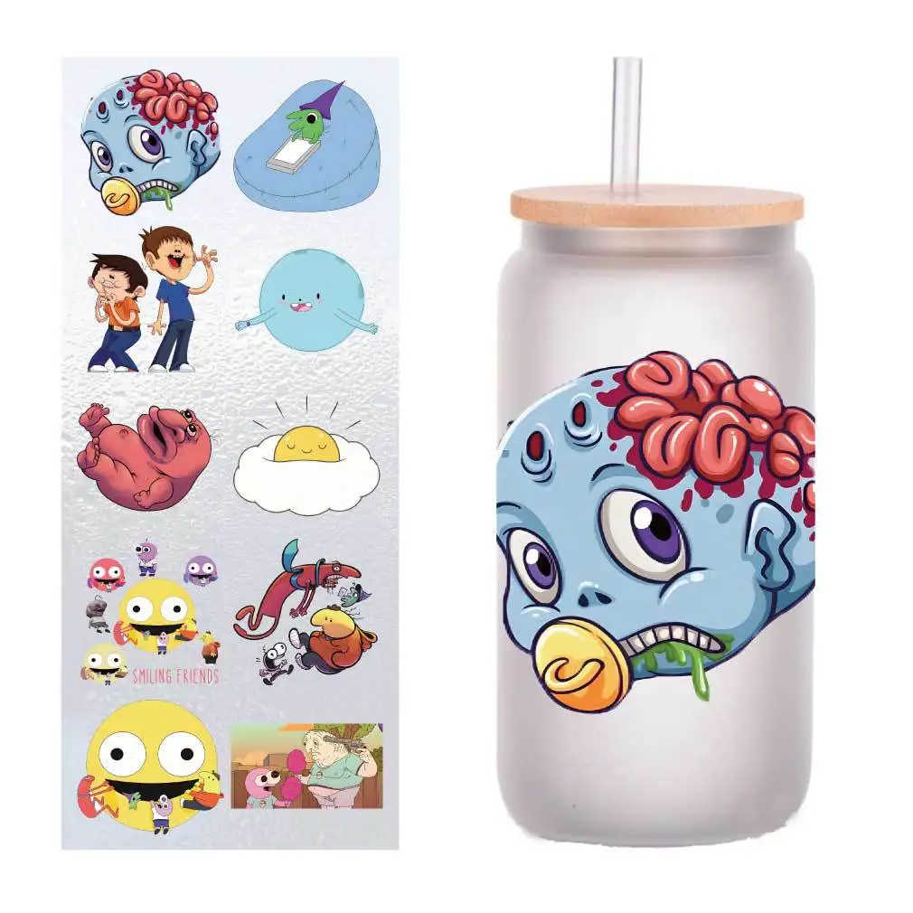 

10 pieces/pack cartoon smiling friends UV transfer stickers Crystal label glass stickers customized four inches.