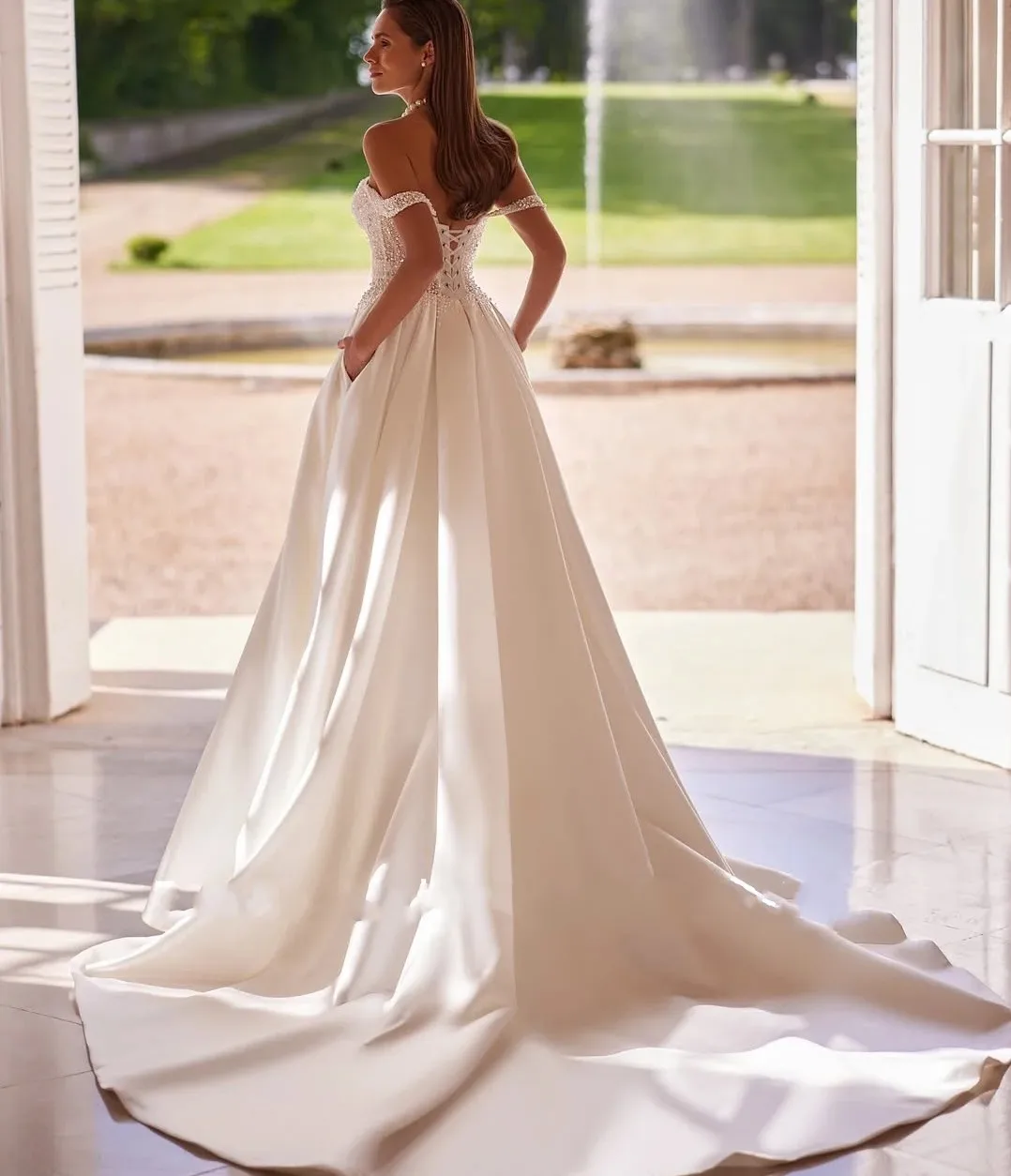 فستان زفاف أنيق على شكل حرف A 2026 قبالة الكتف مطوي ترتر الخرز الساتان الزفاف رداء حفلات العروس Vestidos De Noiva #2