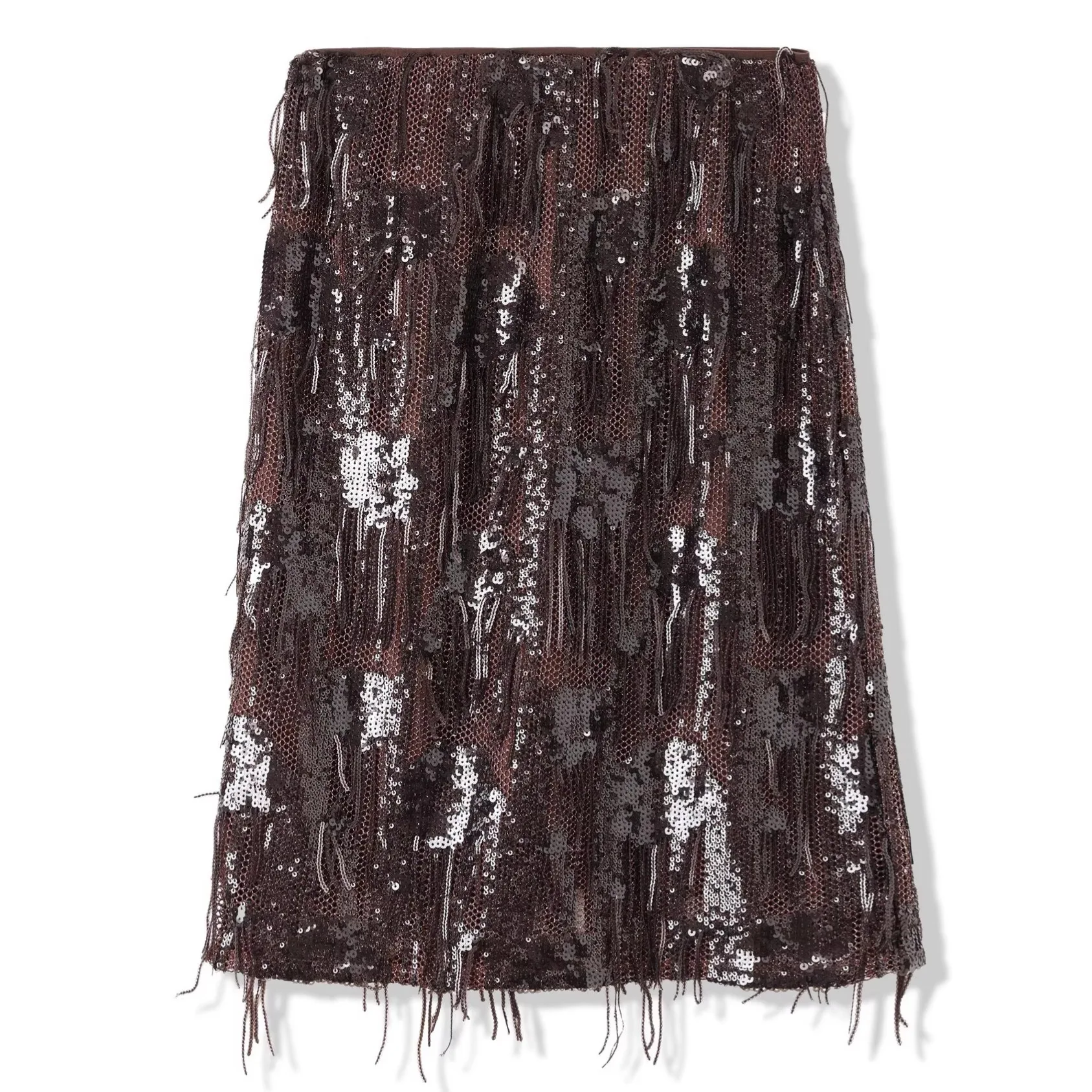 Elegant Elastic Waist Sequin Tassel Skirt Back Midi Skirt Autumn/Winter Women