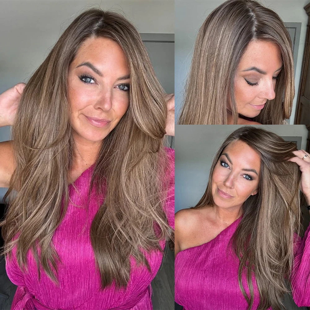 Balayage Dark Chestnut Brown Highlighted Synthetic Wig 13x4 Soft Natural Lace Front Wig Loose Wave for Women Party Daily Use