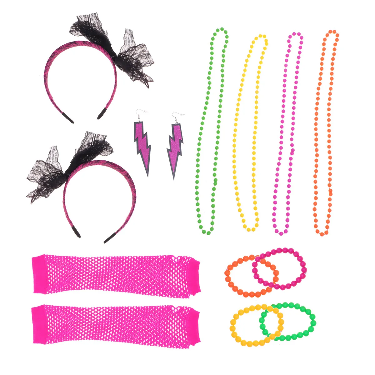 Accessoires de déguisement de fête des années 80, 4 couleurs, collier, Bracelet, boucles d'oreilles, gants en résille, bandeaux en dentelle, Costumes Disco pour filles
