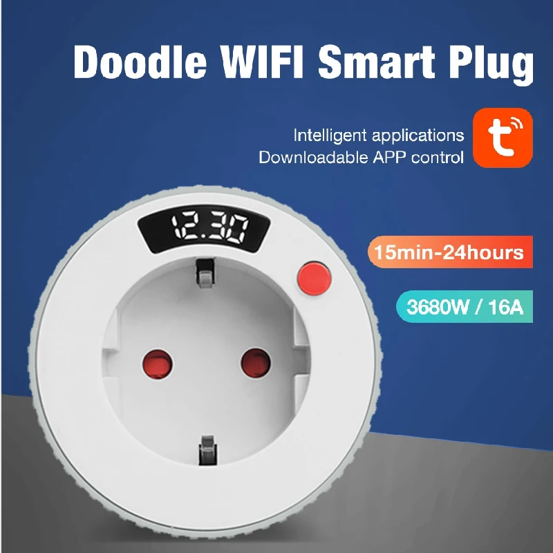 Tuya Smart Plug WIFI EU 16A 3680W Socket Rotatable Countdown LCD Display Timing Voice Control Support Alexa Google Home
