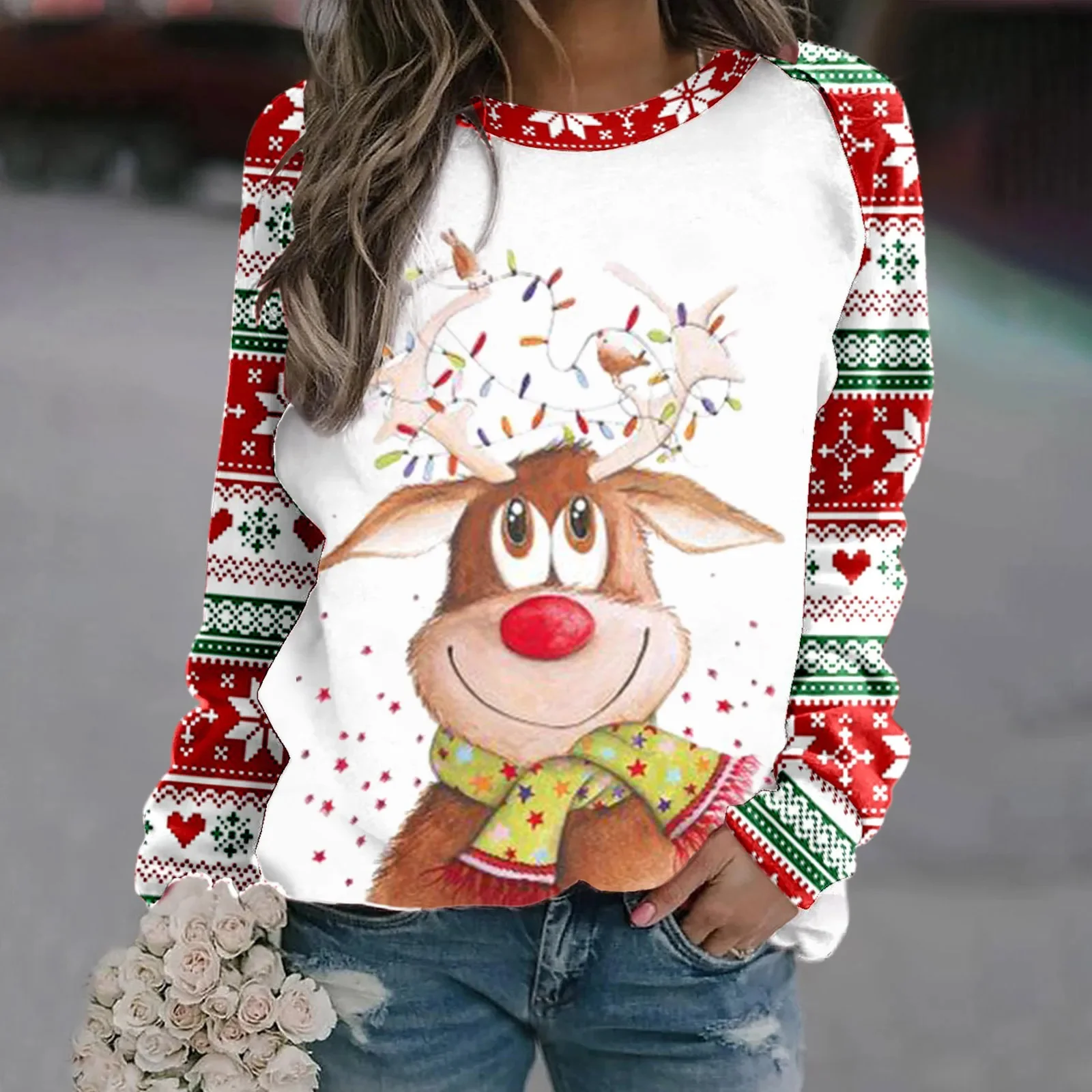 Christmas Reindeer Women\'s Clothing Autumn/Winter Round Neck Cotton Long Sleeved Casual Plus Size Tops Christmas Party T-Shirt