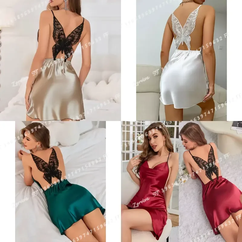 Women Satin Slip Nightgown V Neck Butterfly Lace Back Mini Dress Spaghetti Strap Split Hem Sexy Silky Lingerie Sleepwear