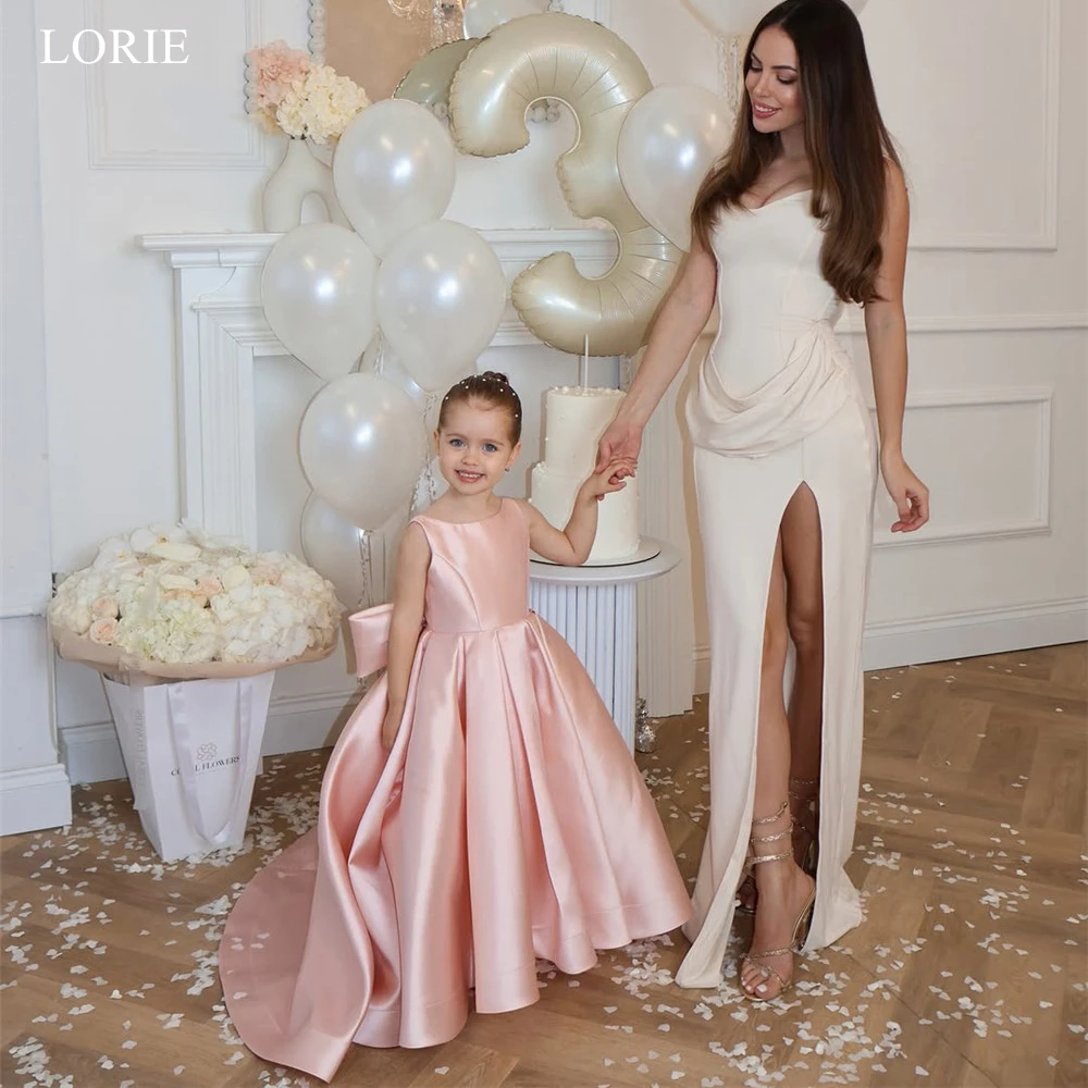 LORIE Cute Solid Satin Girl Dress O-Neck Backless Bow Party Gowns for Girls Sleeveless A-Line Girl Birthday Dresses Customized