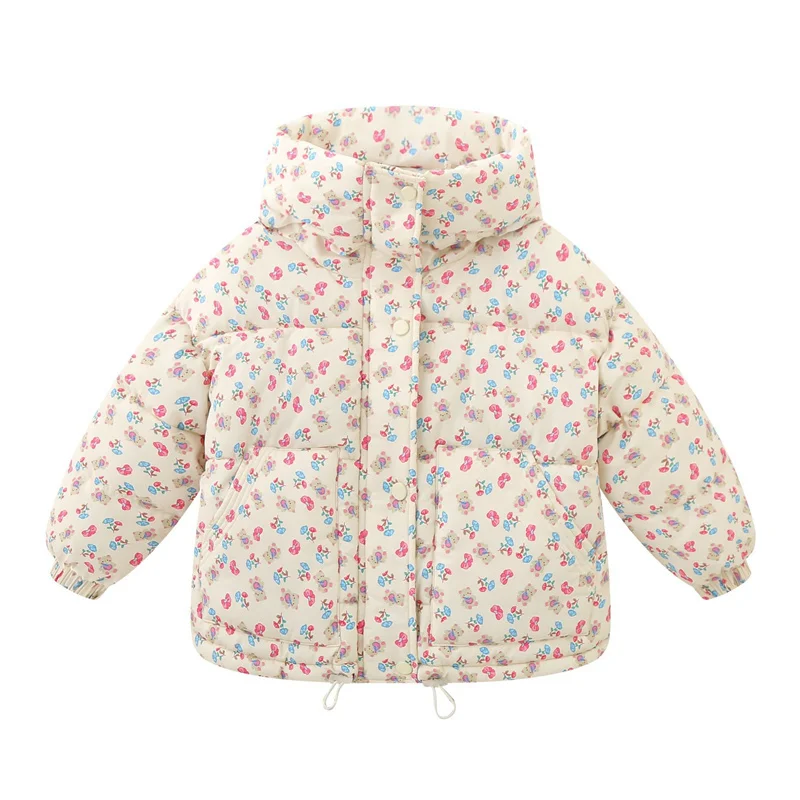 Girls Padded Floral Coats Winter Thick Plus Velvet Jackets Kids Down Hooded Cotton Clothes Children Print Outerwear Snowsuit