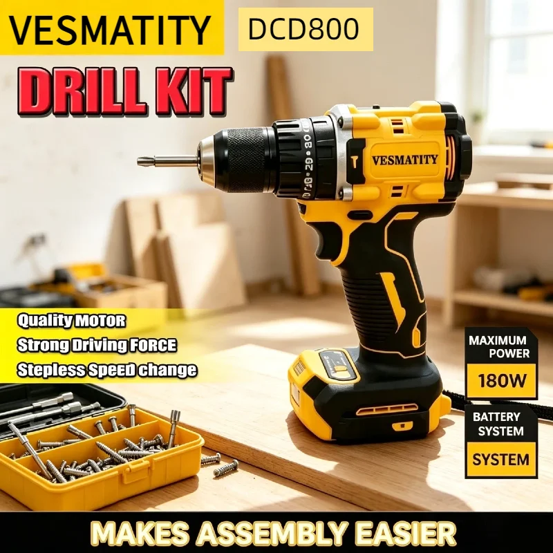 Vesmatity DCD800 20V Brushless Compact Drill Driver 90Nm Torque 2 Speed Cordless Power Tool for Home Workshop